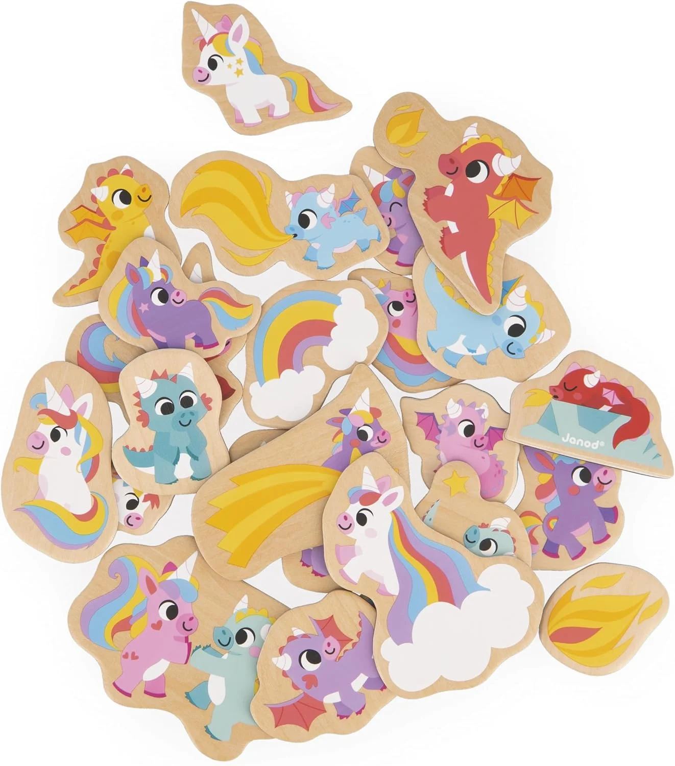 Janod – 24 magnets en bois Licornes & dragons