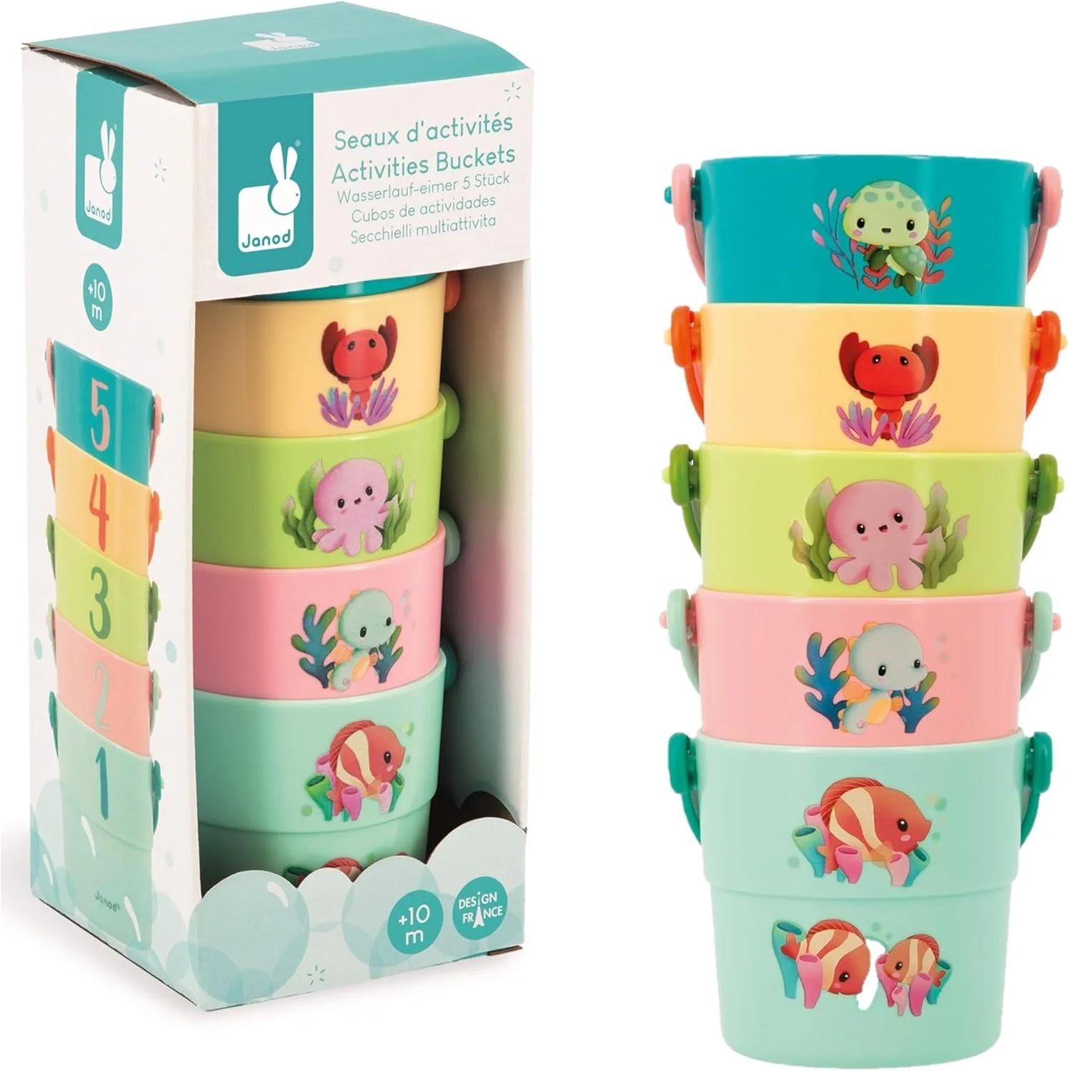 Janod – 5 seaux de bain à trous gigognes, chiffres 1 à 5 dès 10 mois (J04722)