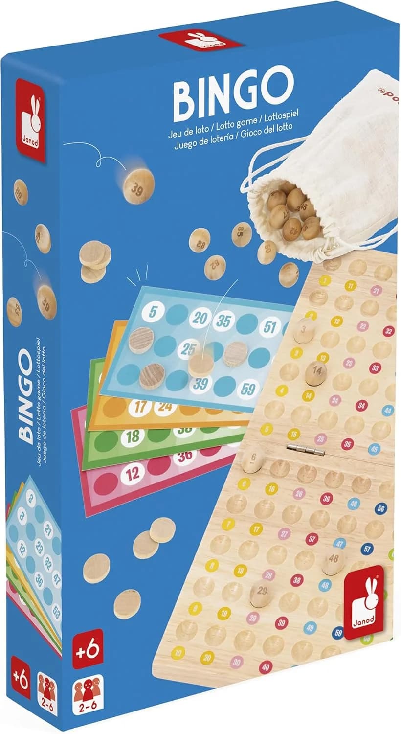 Janod Bingo (loto) en bois - 48 cartes et 90 pions (2-6 joueurs, dès 6 ans)