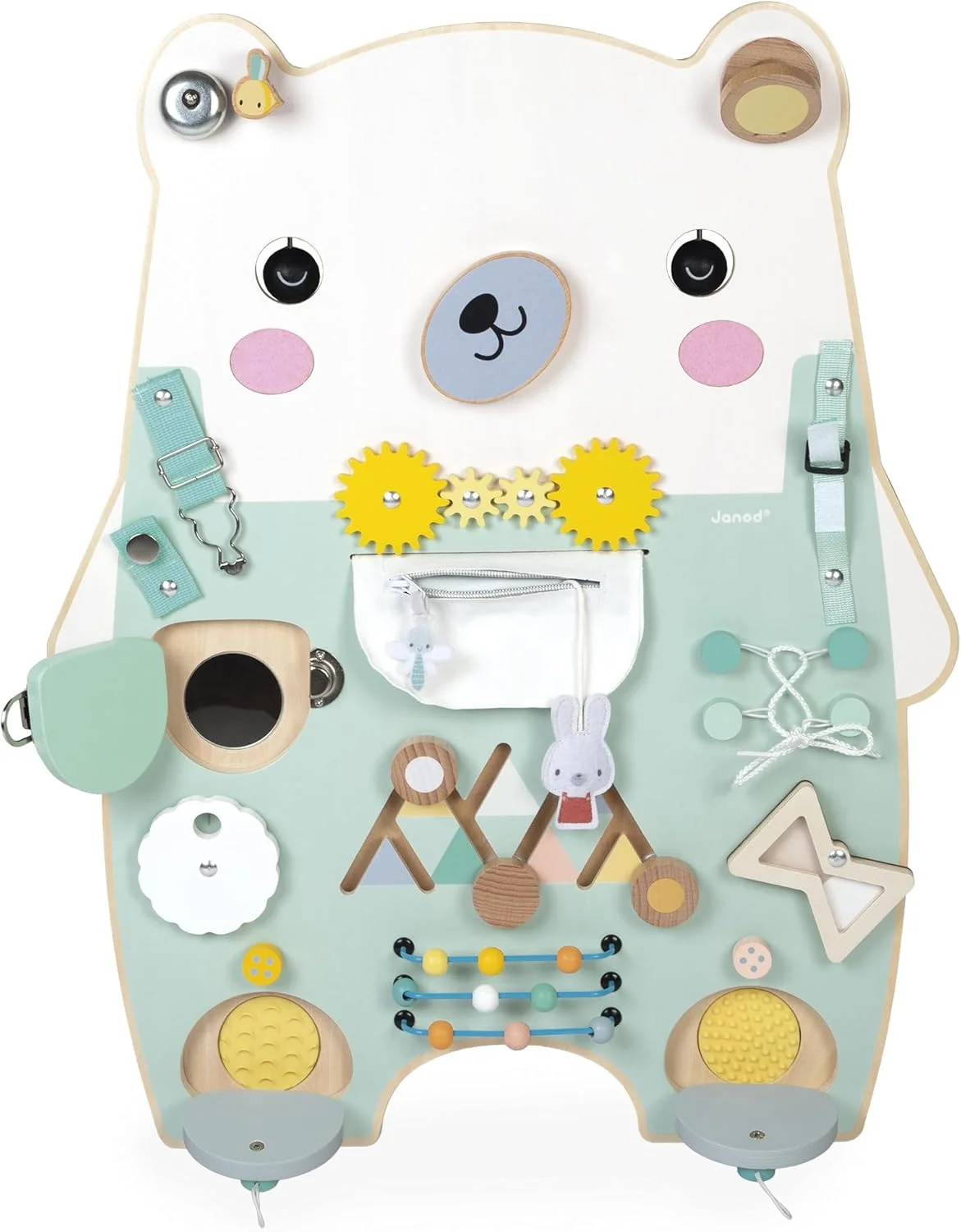 Janod - Busy Board Ourson (20 activités) - Planche d’Activités en Bois à Fixer - dès 18 mois