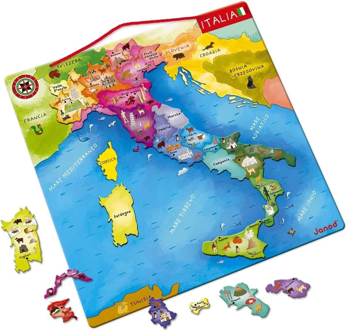 Janod Carte magnétique d’Italie en bois - Puzzle 20 régions (7-12 ans)