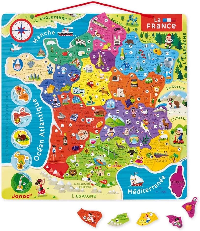 Janod Carte magnétique de France en bois - Puzzle 93 pièces (7-12 ans)