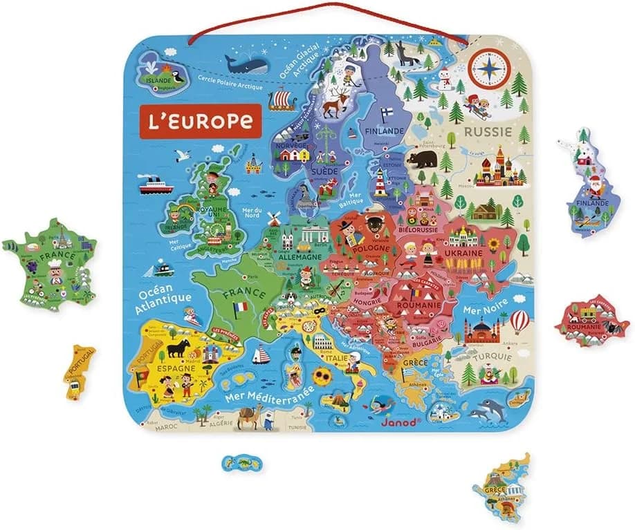 Janod Carte magnétique de l’Europe en bois - Puzzle 40 pièces (7-12 ans)