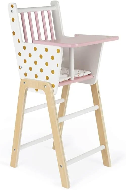 Janod Chaise haute Candy Chic pour poupon jusqu’à 42 cm (bois, coussin, plateau) dès 3 ans