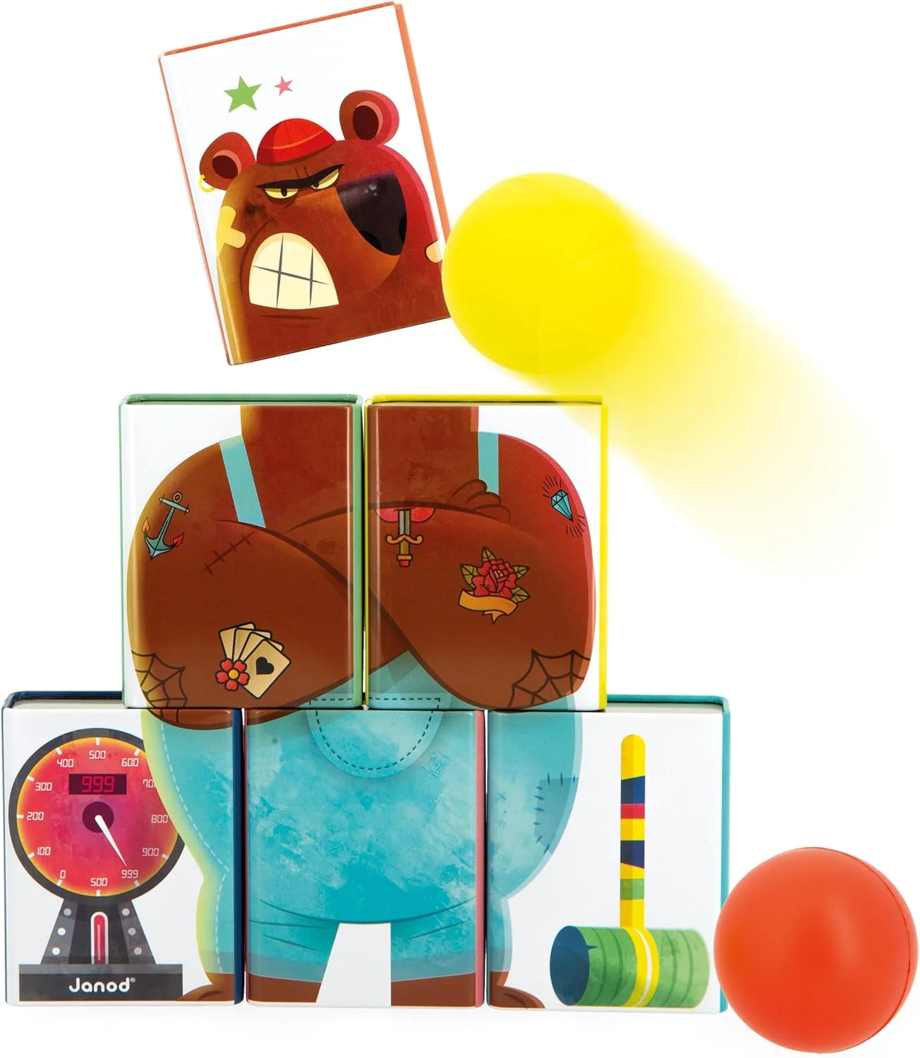 Janod - Chamboule-tout Applepop (6 boîtes métal + 2 balles mousse) - Dès 3 ans