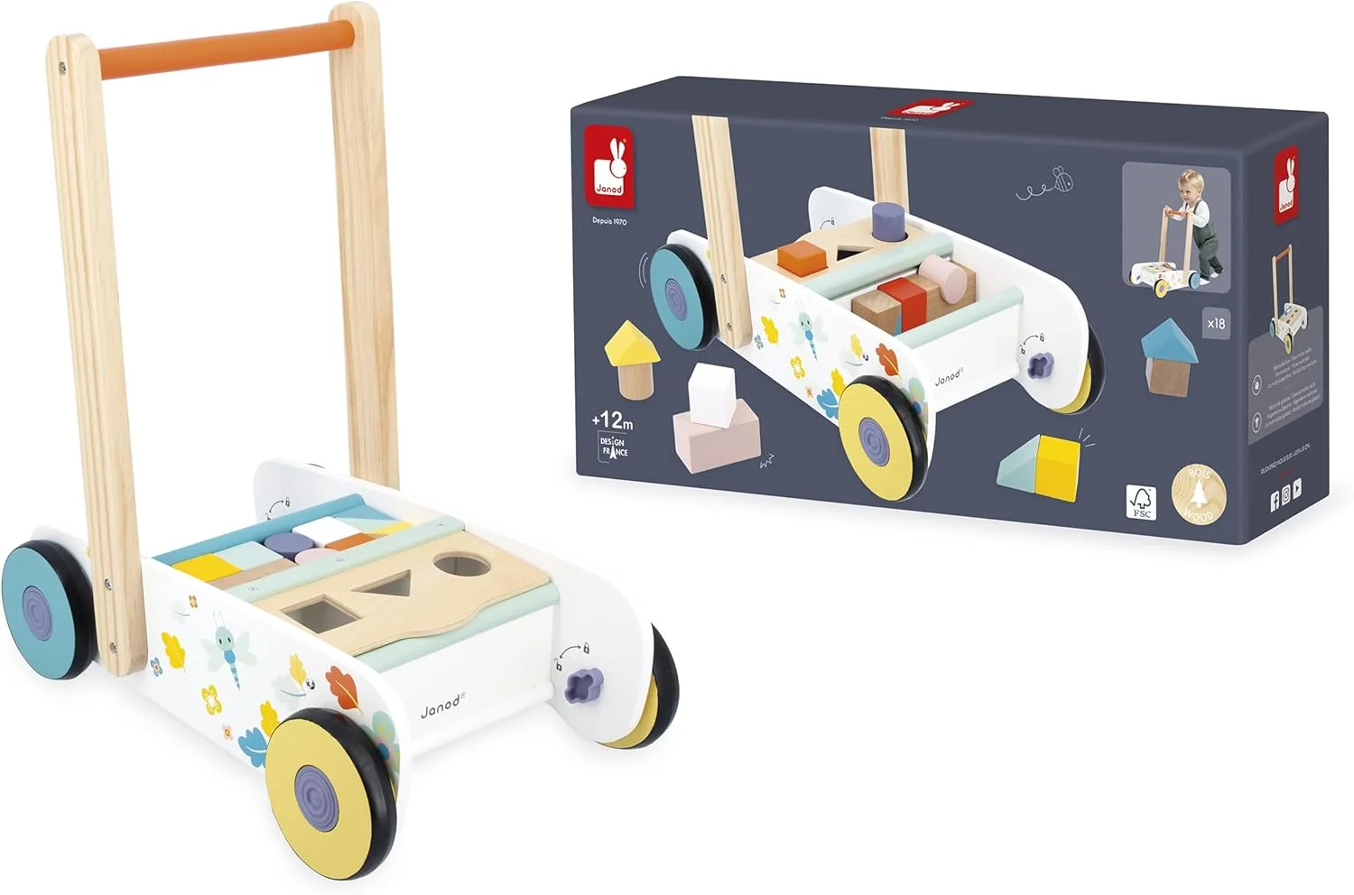 Janod Chariot de marche en bois avec cubes