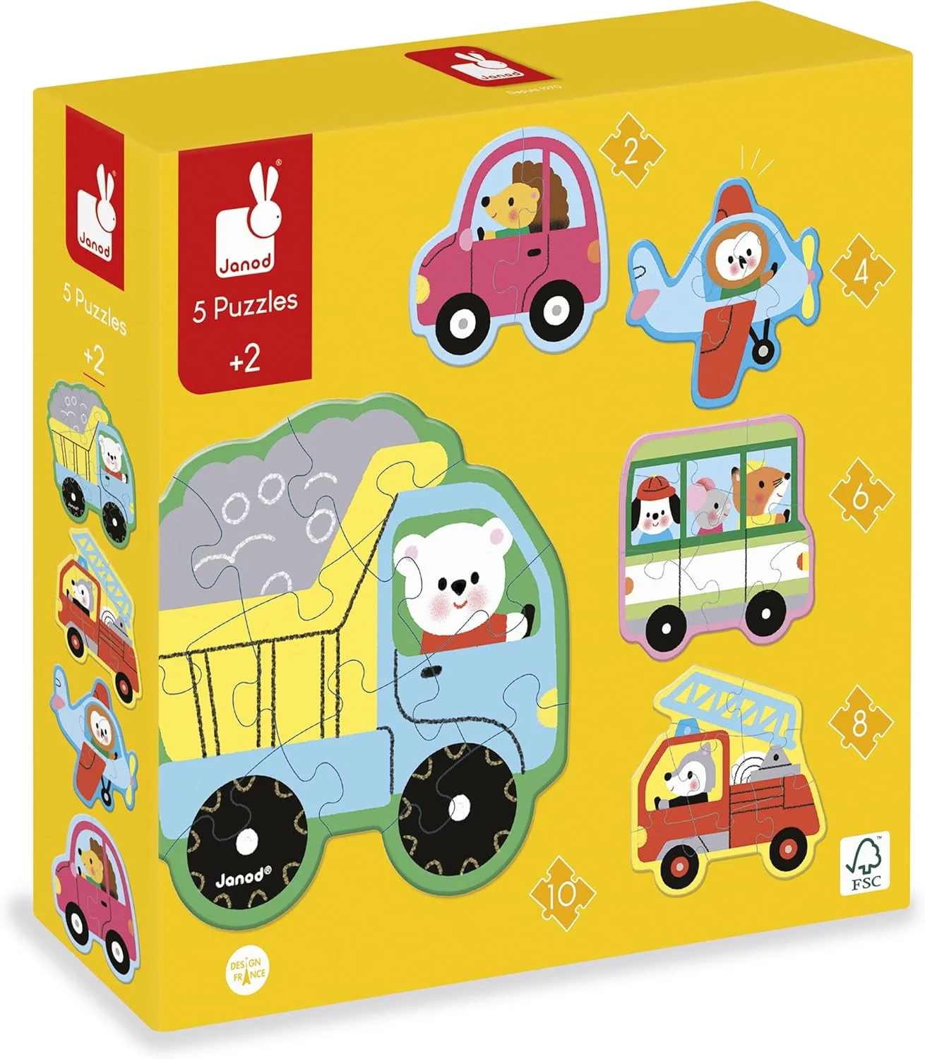 Janod Coffret 5 puzzles évolutifs Véhicules (2 à 10 pièces)