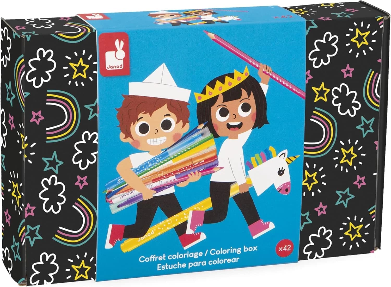 Janod Coffret coloriage 42 pièces – feutres & crayons + cartes dès 3 ans