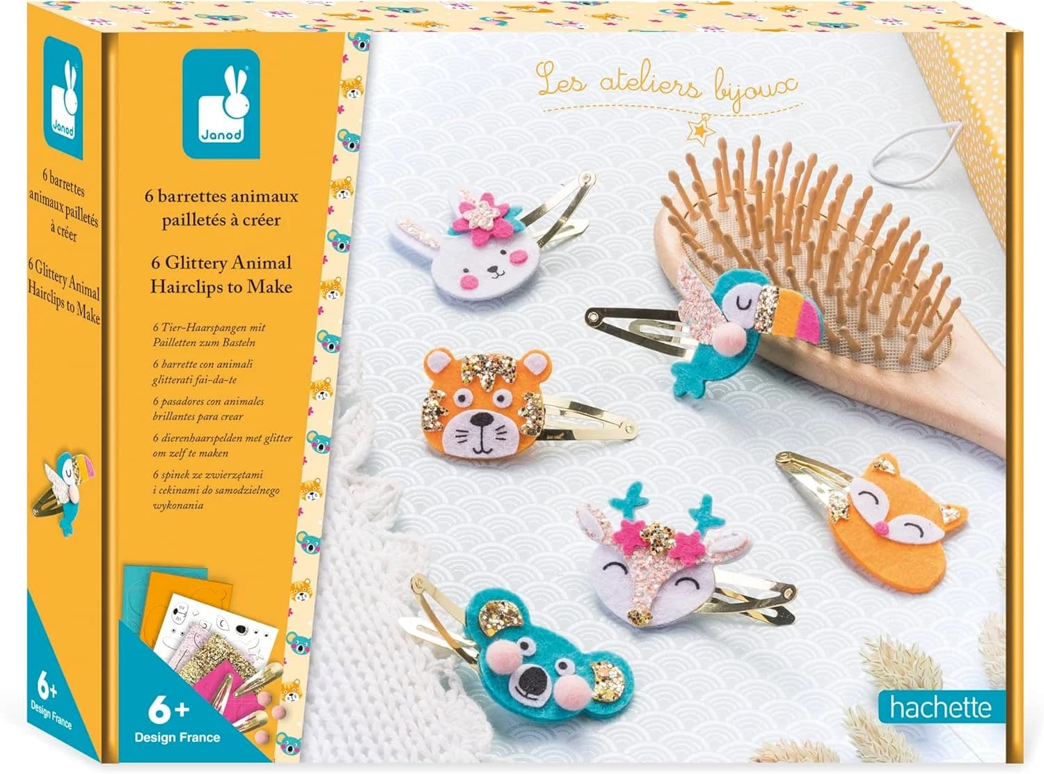Janod Coffret créatif – 6 barrettes animaux pailletés (J07997)