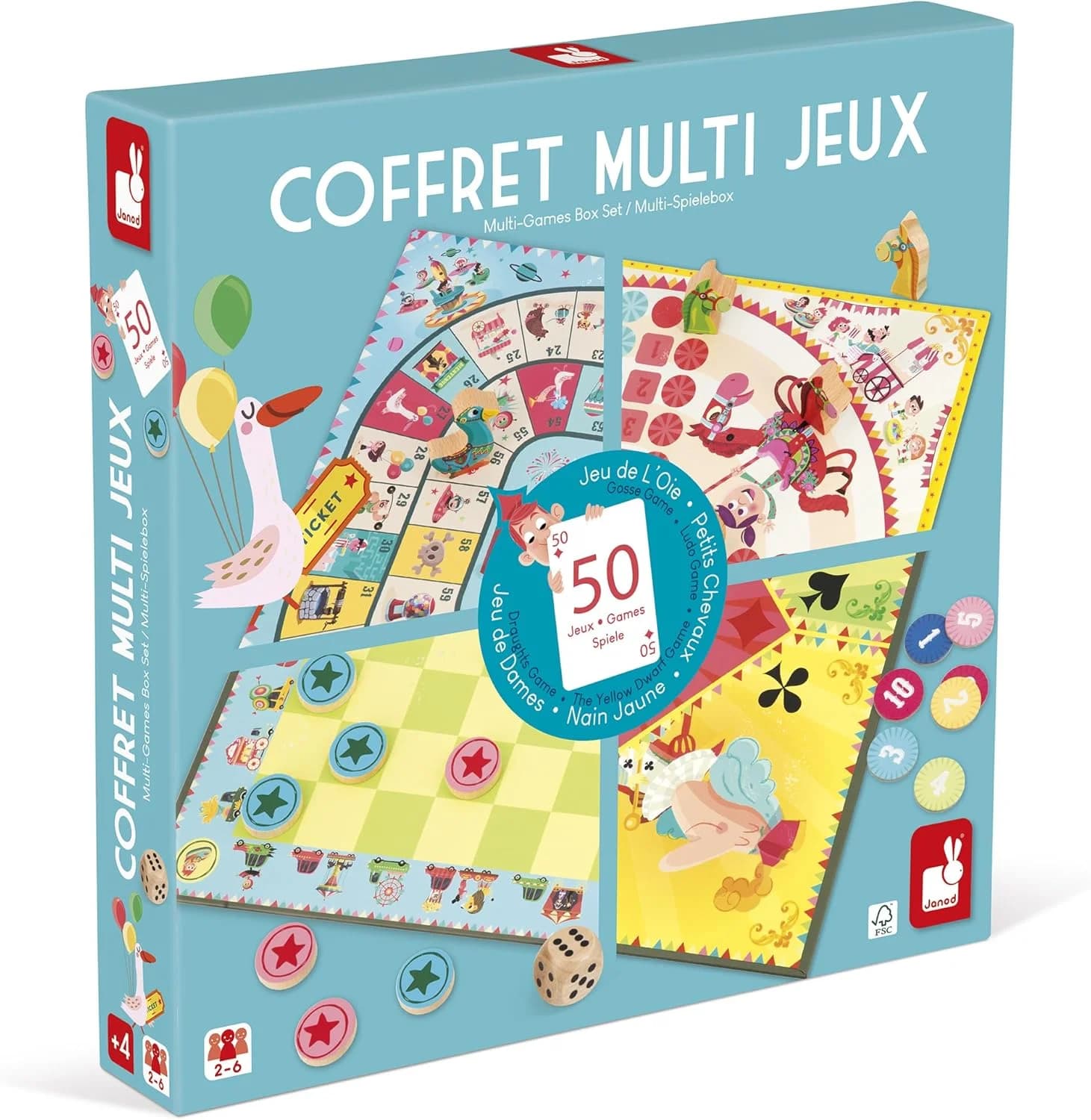 Janod - Coffret multi-jeux Carrousel (oie, petits chevaux, dames, cartes, dés)