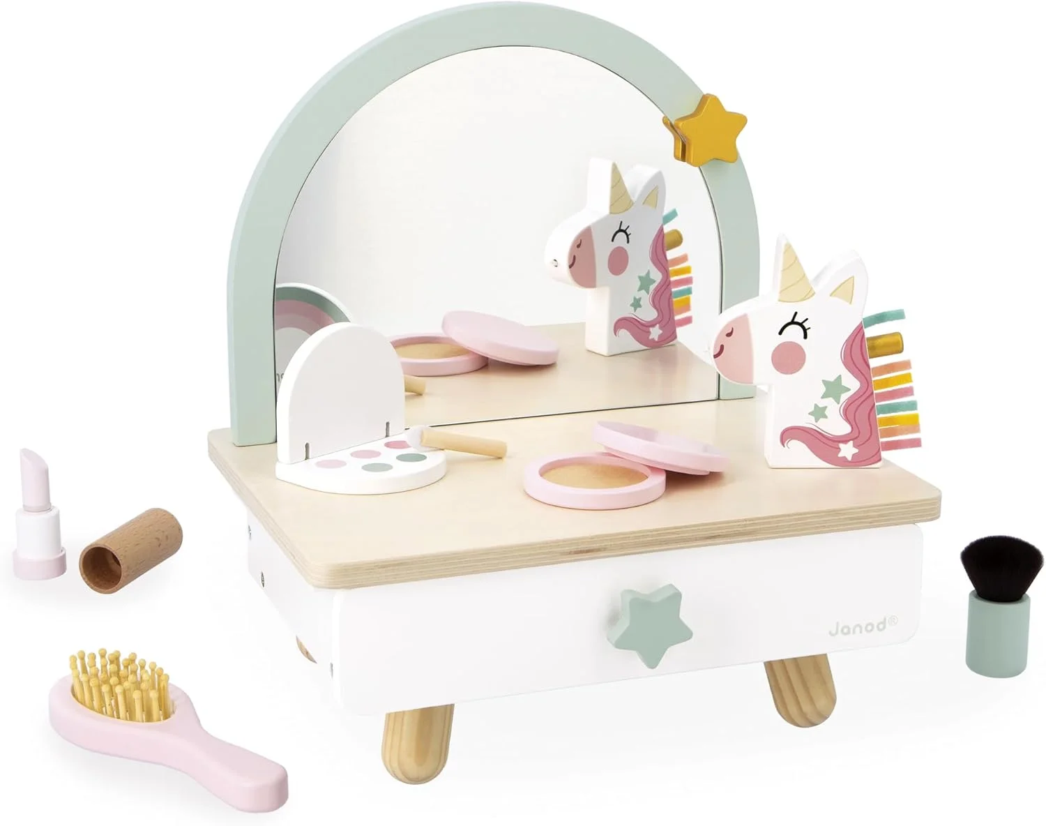 Janod Coiffeuse beauté licorne en bois (miroir + tiroir, 7 accessoires) dès 3 ans