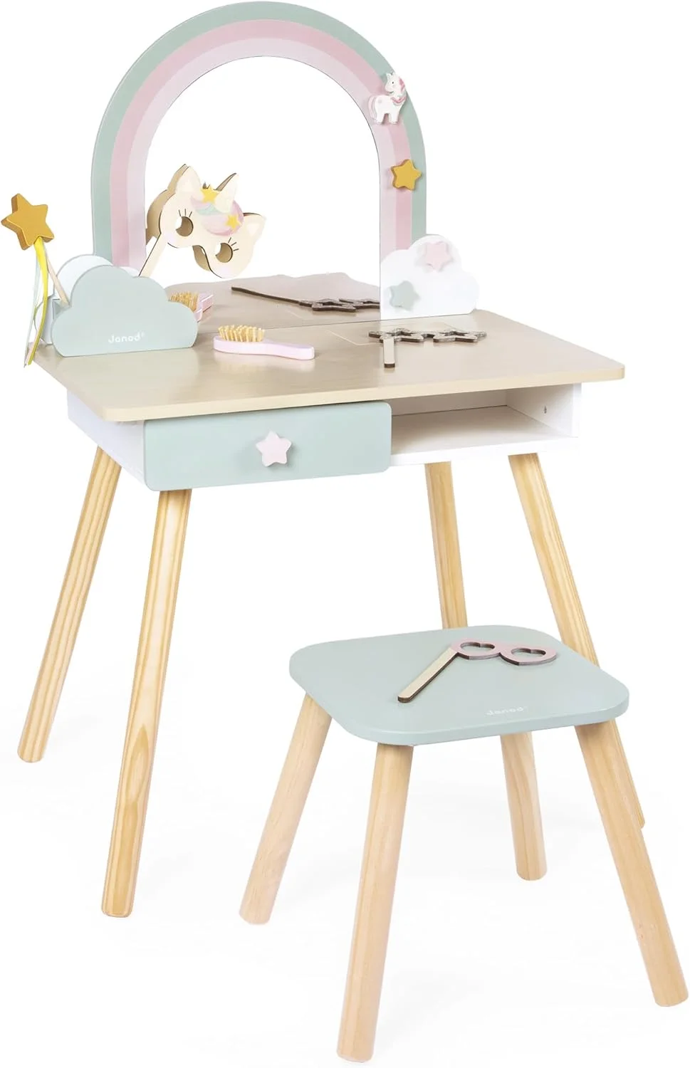 Janod Coiffeuse licorne en bois avec tabouret (miroir, 10 accessoires) dès 3 ans