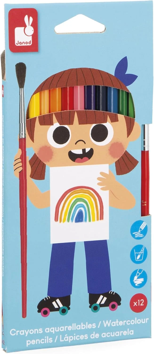 Janod Crayons aquarellables x12 + pinceau – dessin & aquarelle dès 3 ans