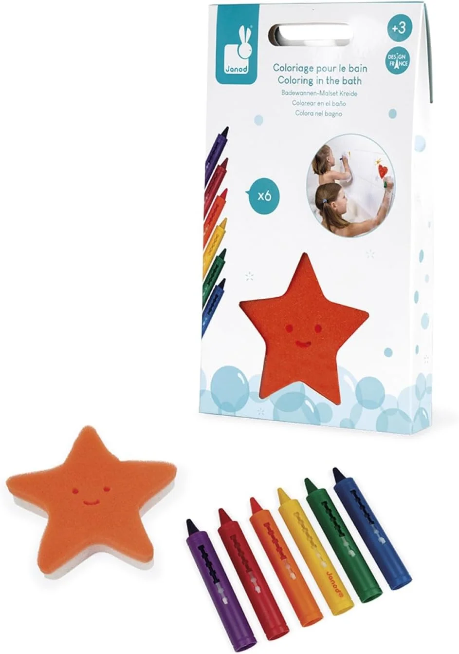 Janod – Crayons de bain effaçables + éponge (kit 6 couleurs)