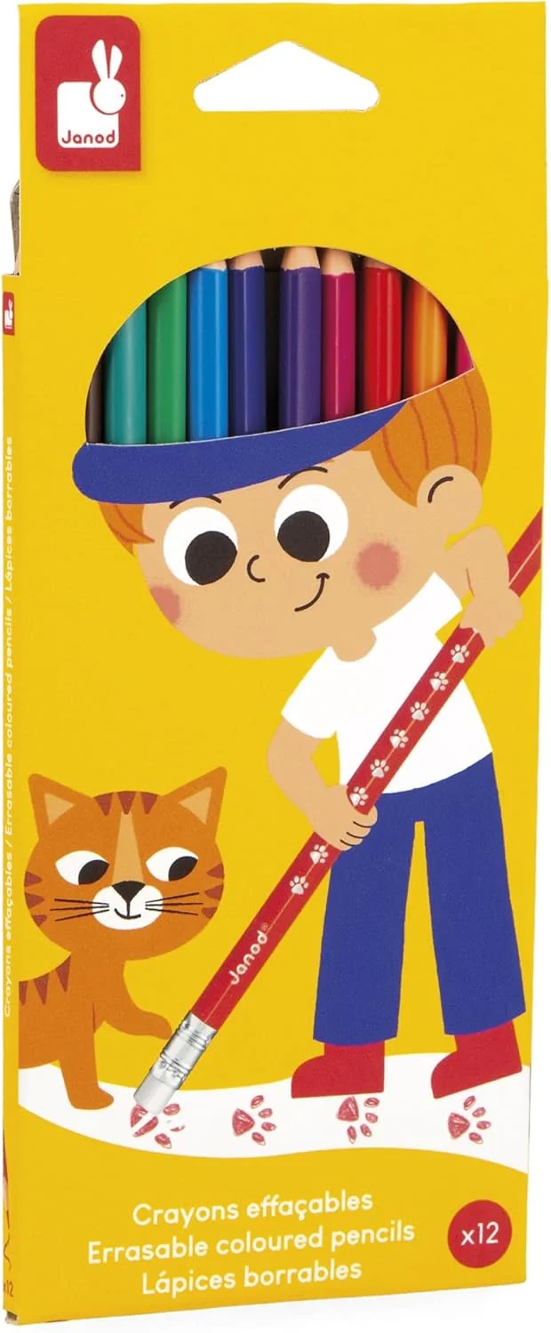 Janod Crayons de couleur effaçables x12 avec gomme – dès 3 ans