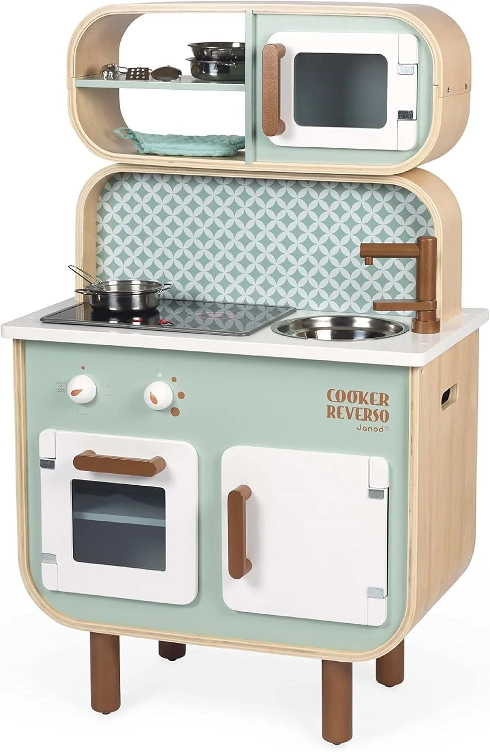 Janod Cuisine enfant double face en bois - sonore & lumineuse (7 accessoires)