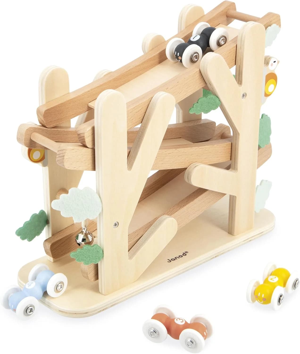 Janod Descendeur en bois 3 niveaux + 4 voitures (12m+)