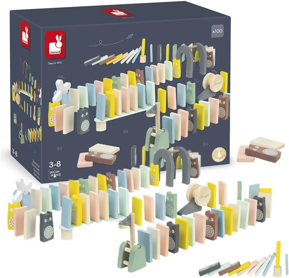 Janod Dominos en bois Sweet Cocoon - 100 pièces + accessoires - Dès 3 ans