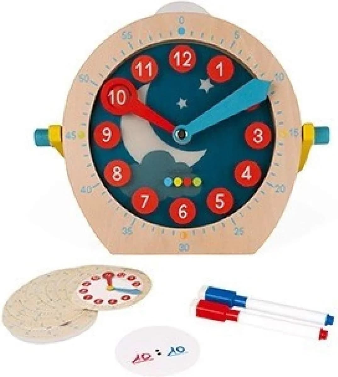 Janod - Essentiel - Apprendre l'Heure - Jeu Educatif Premier Âge en Bois - Apprentissage Chiffres et Mathématiques - 22 Accessoires Inclus - Peinture à l'Eau -Dès 5 Ans, J05076