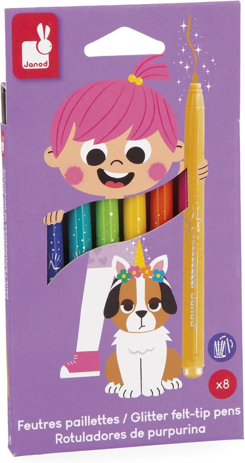 Janod - Feutres pailletés lavables (8 couleurs) - Dès 3 ans
