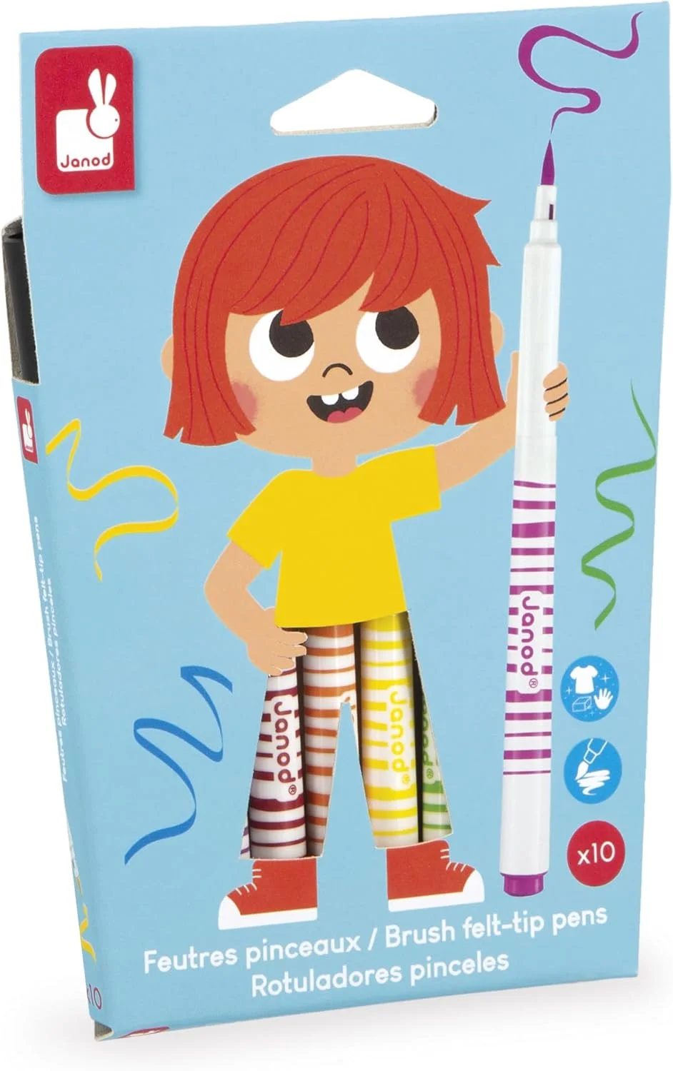 Janod - Feutres pinceaux lavables (10 couleurs) - Dès 3 ans