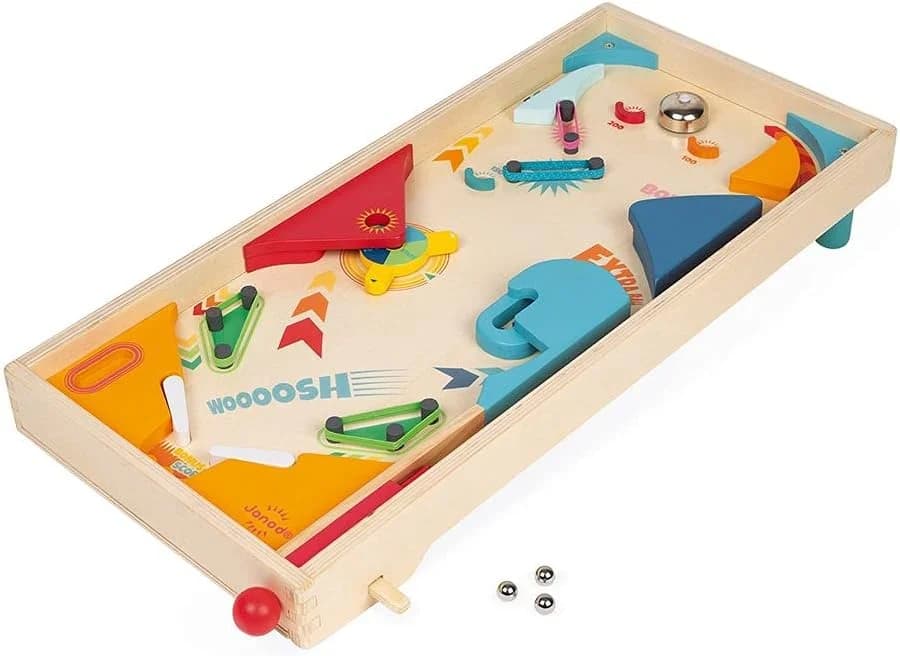 Janod Flipper en bois rétro – jeu d’adresse (3 billes métal)