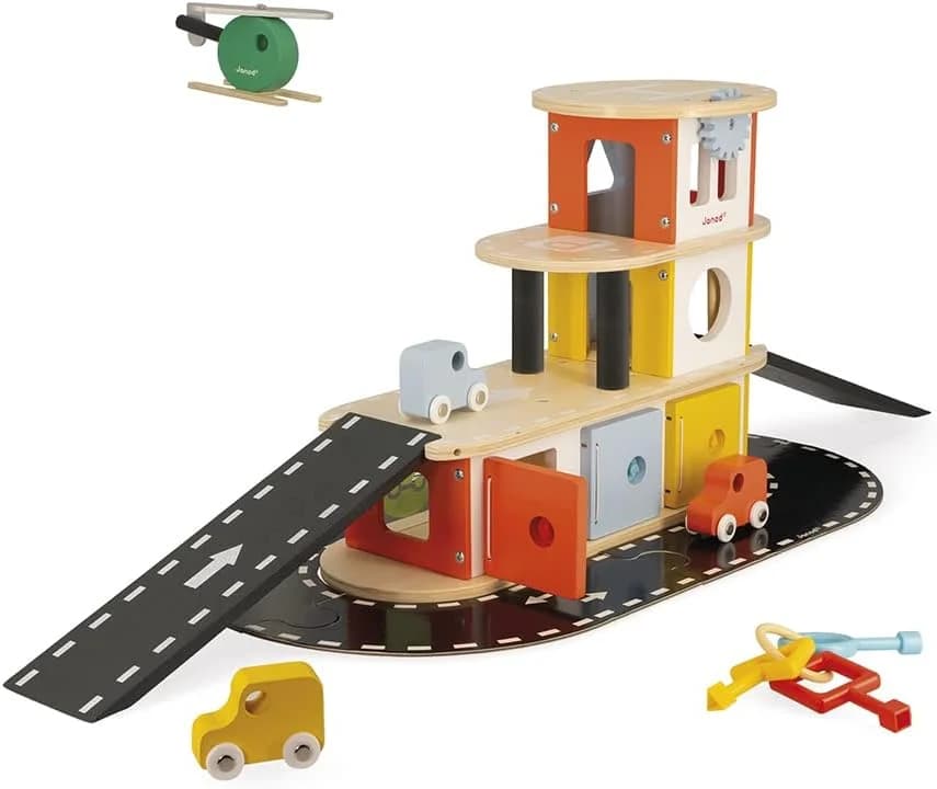 Janod Garage en bois Bolid avec ascenseur, 3 voitures et hélicoptère