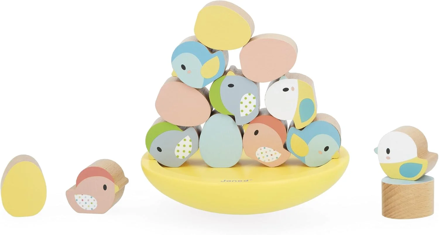 Janod - Jeu d’Équilibre Nid (15 pièces) - Empiler Oiseaux & Œufs - dès 2 ans