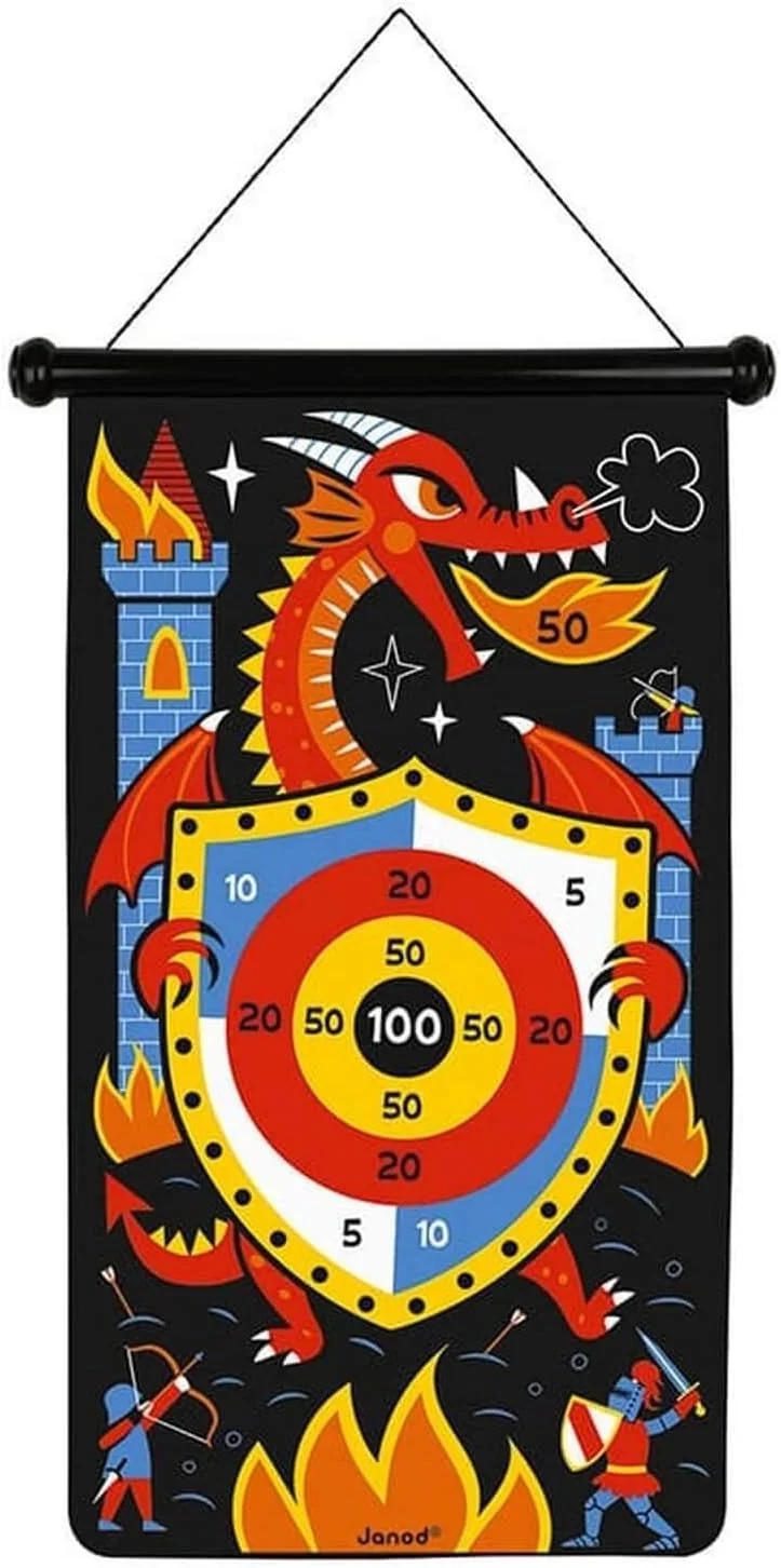 Janod Jeu de fléchettes magnétiques Dragons & Chevaliers (cible recto-verso, 6 fléchettes) dès 4 ans