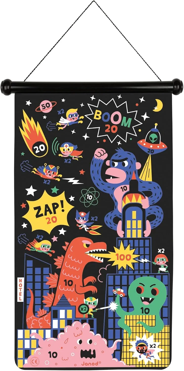 Janod Jeu de fléchettes magnétiques Super Héros (cible recto-verso, 6 fléchettes) dès 4 ans