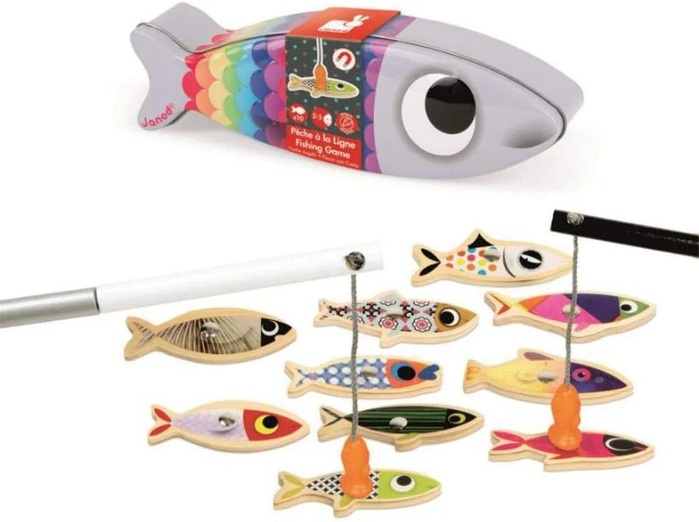 Janod Jeu de pêche magnétique Sardines (10 poissons, boîte métal) - 2 ans+