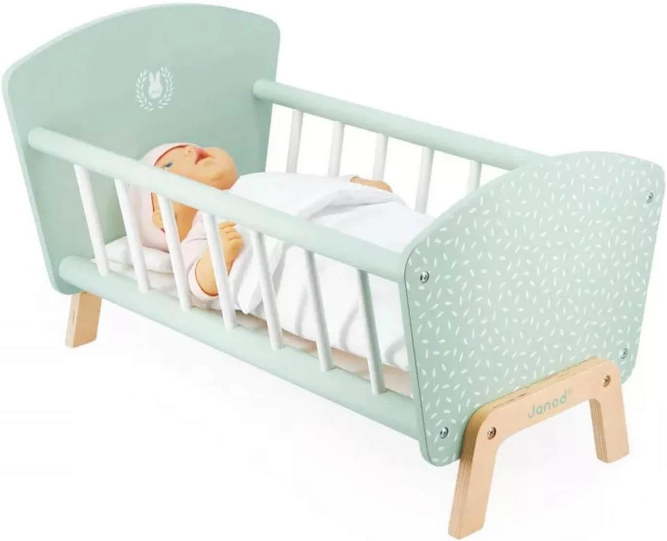 Janod Lit poupée Zen en bois + oreiller lapin et couverture (3-6 ans)