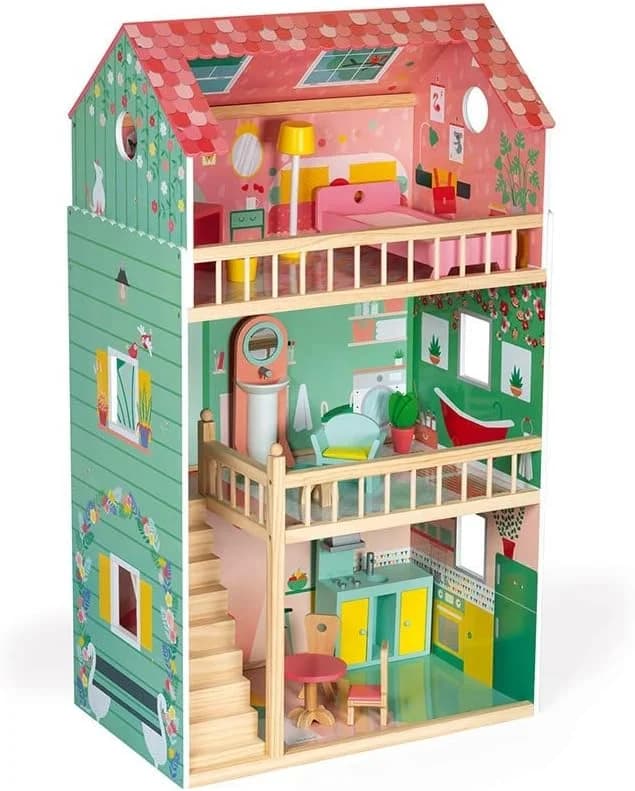Janod Maison de poupée Happy Day en bois - 3 étages + mobilier dès 3 ans