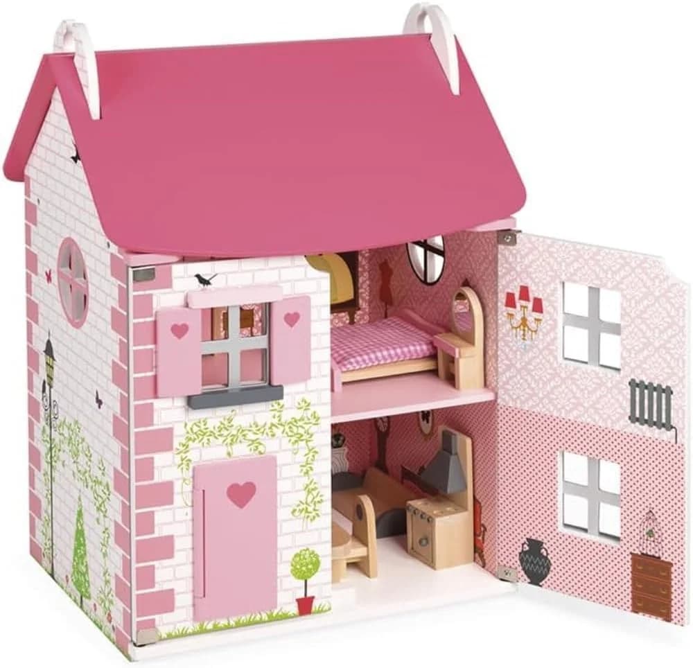 Janod Maison de poupée Mademoiselle en bois - 3 étages + 11 accessoires