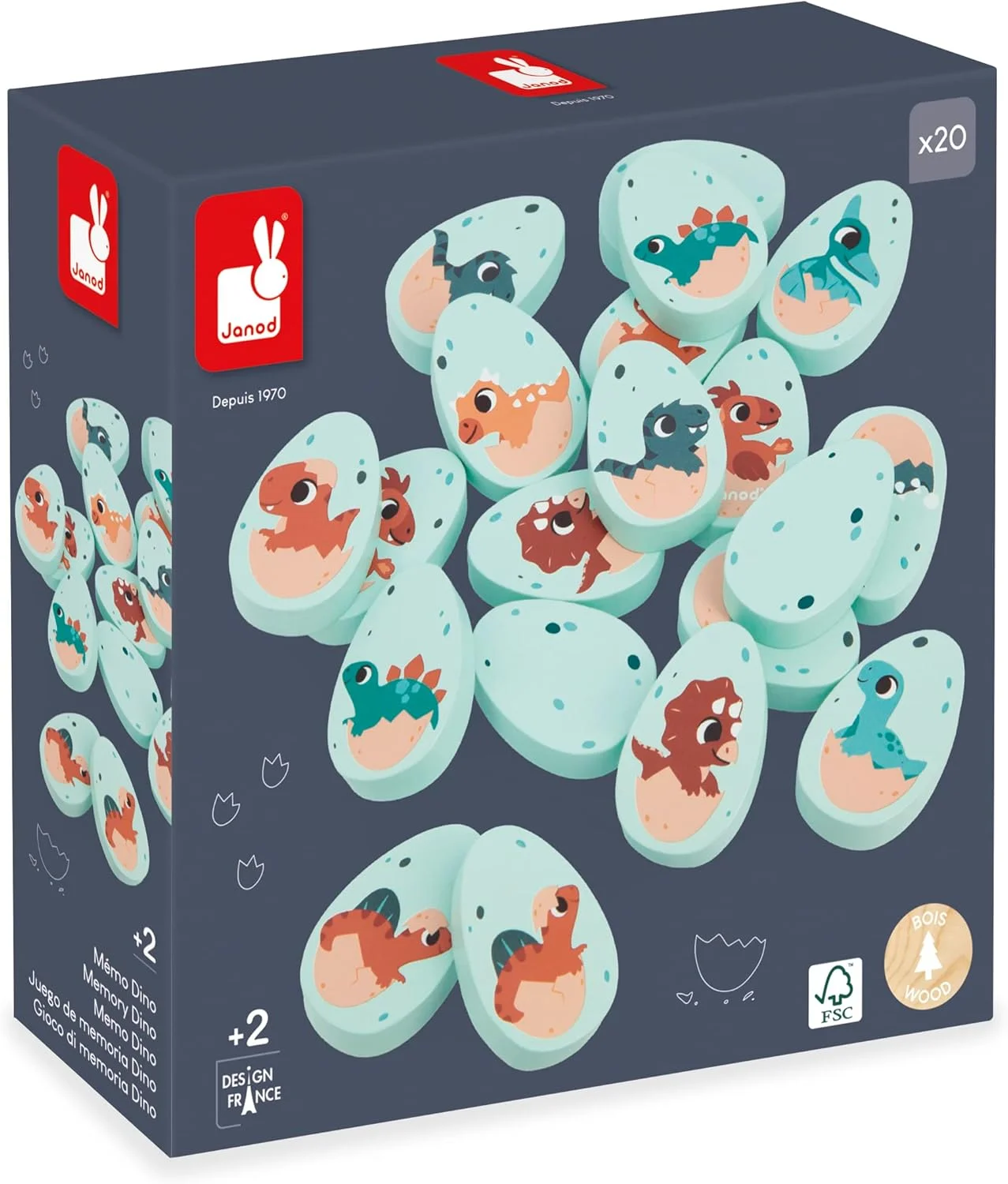 Janod – Mémo Dino en bois : 10 paires d’œufs, jeu de mémoire dès 2 ans (J05826)