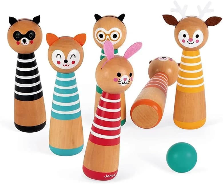 Janod Mes premières quilles Happy Garden – jeu de bowling en bois (6 quilles + 2 boules)