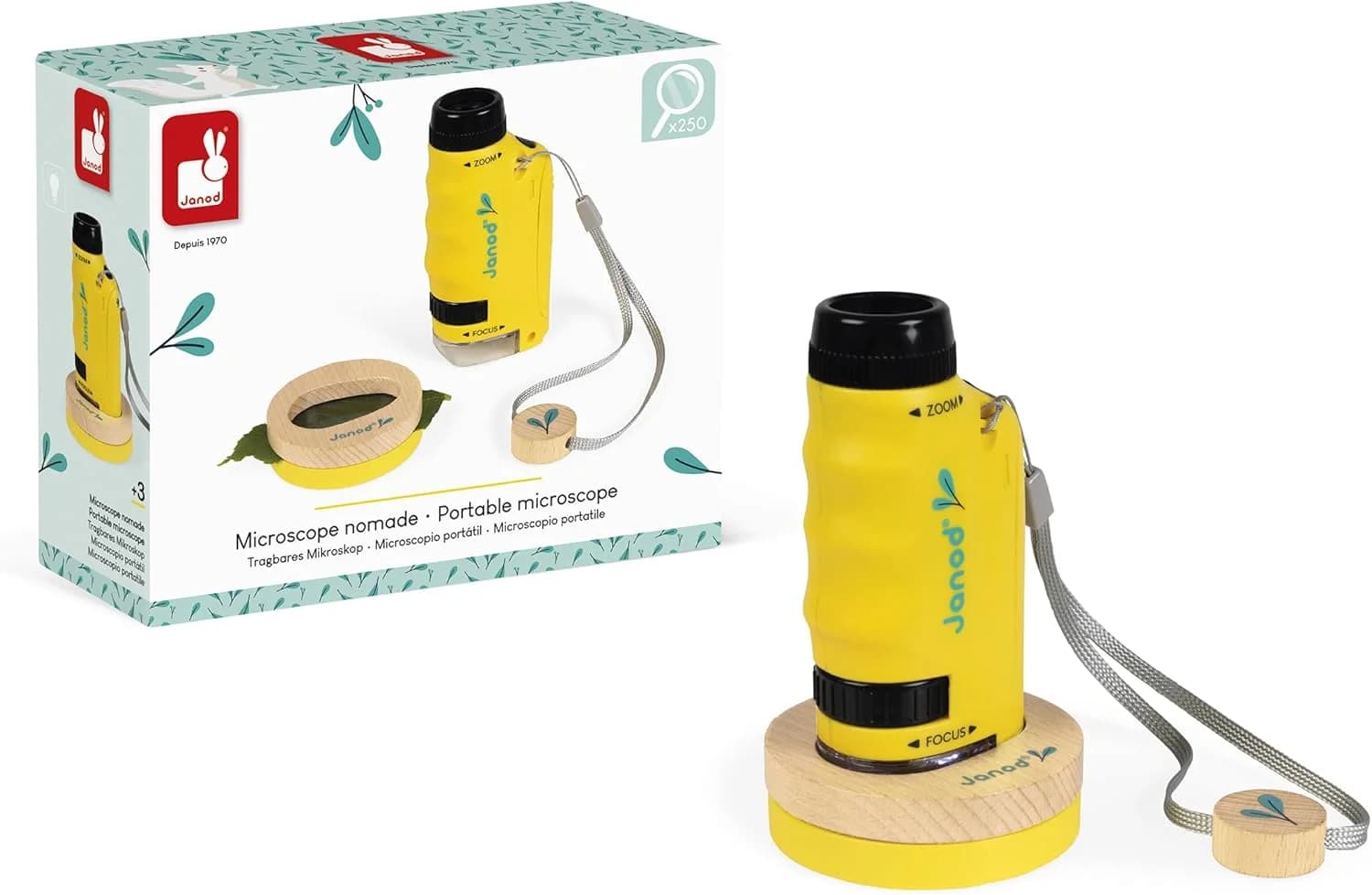 Janod – Microscope de poche enfant 50x–250x + support (bois FSC)