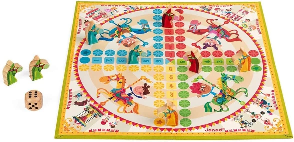 Janod Petits Chevaux Carrousel – jeu de société en bois (plateau + 8 chevaux)