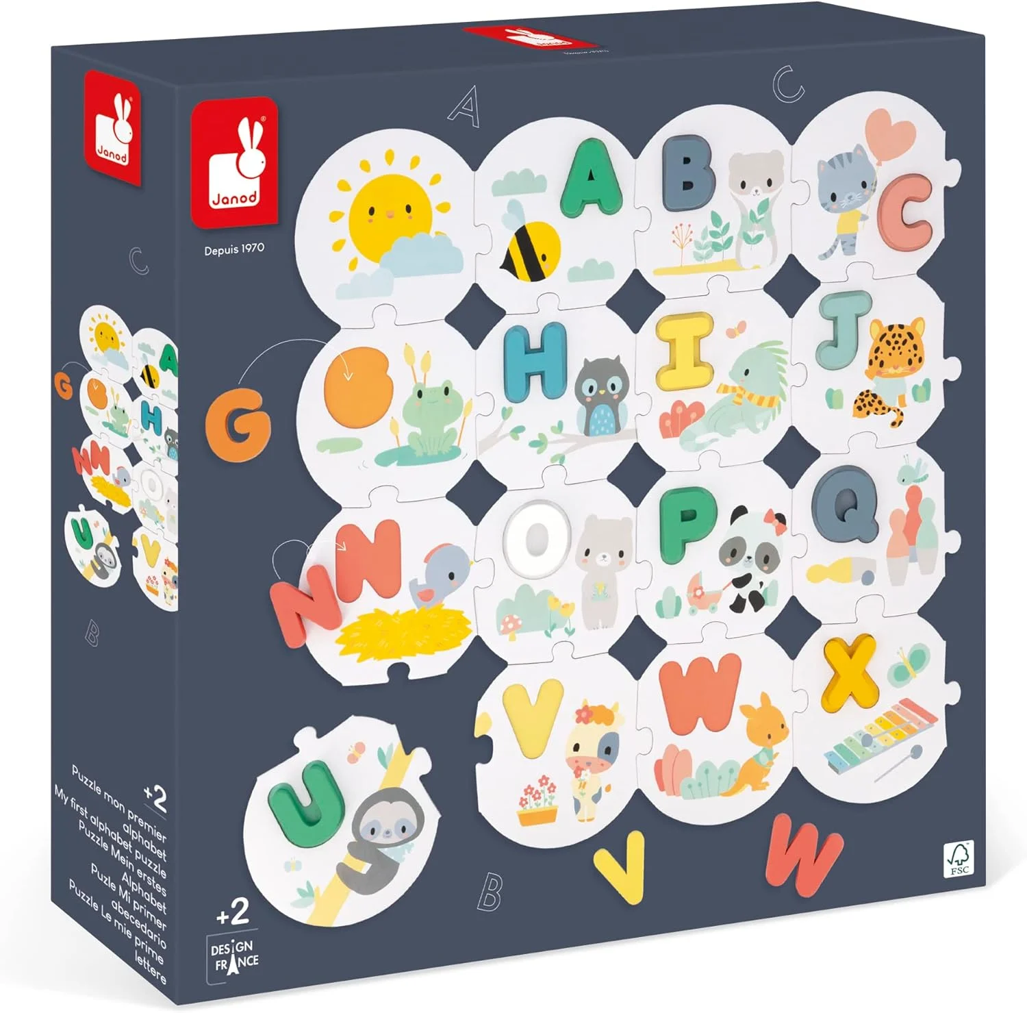 Janod Puzzle alphabet Pure - 28 pièces + lettres en bois - J08045