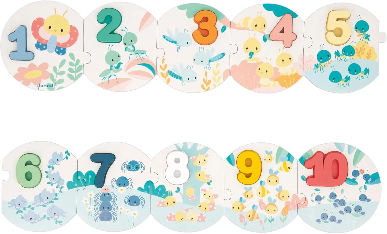 Janod – Puzzle chiffres 1 à 10 + chiffres en bois, 10 pièces dès 2 ans (Pure, J08042)