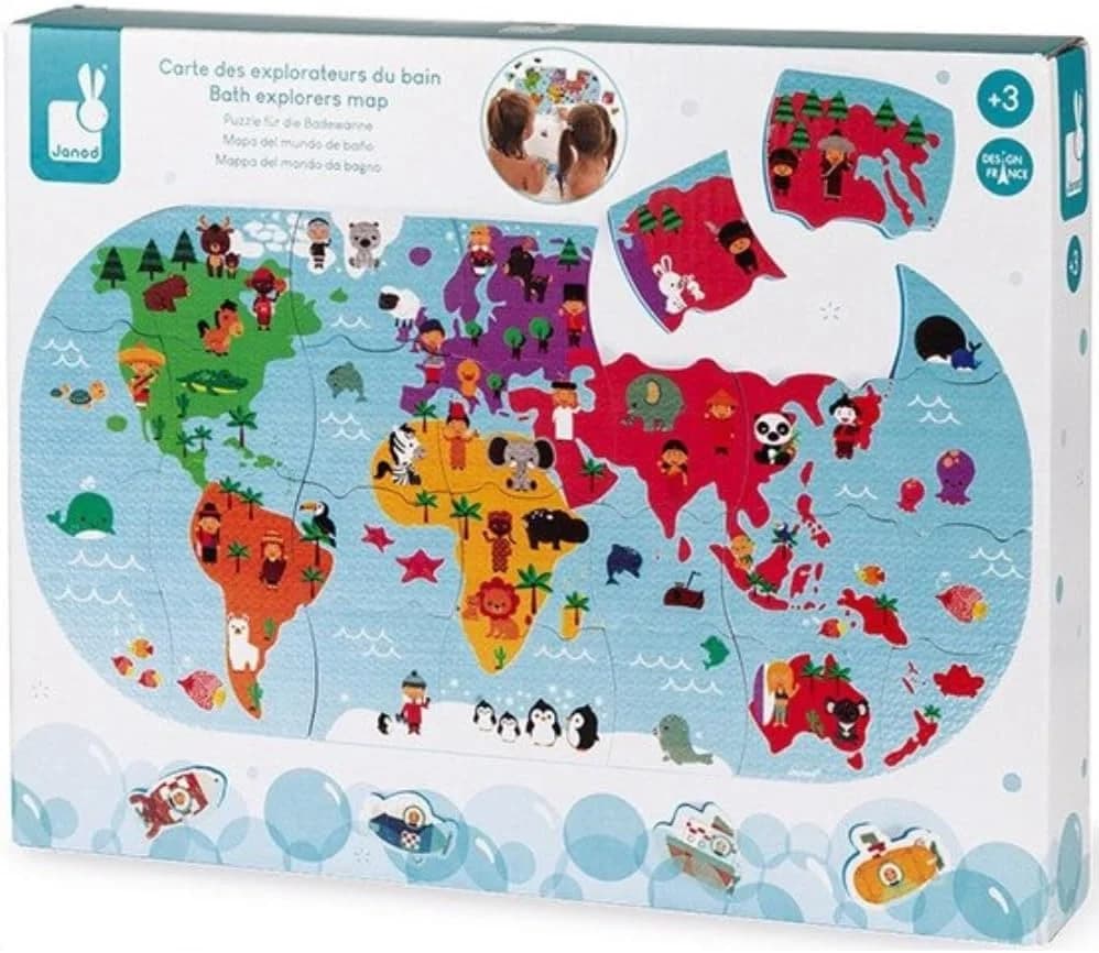 Janod Puzzle de bain Carte du monde - 28 pièces + véhicules - Dès 3 ans