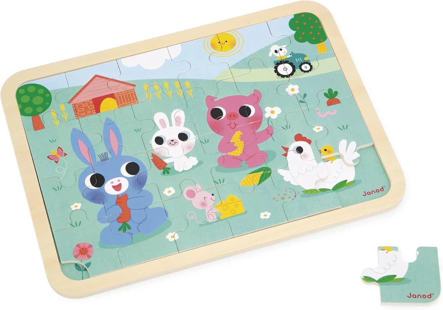 Janod – Puzzle en bois 24 pièces + jeu des 5 erreurs (À la ferme) dès 3 ans