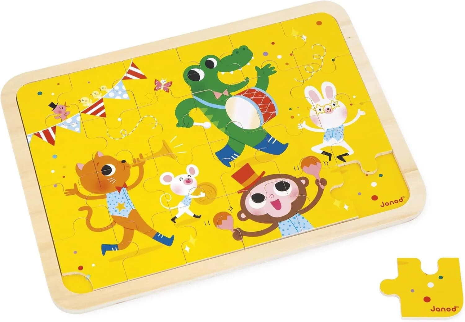 Janod – Puzzle en bois 24 pièces + jeu des 5 erreurs (Animaux en fête) dès 3 ans