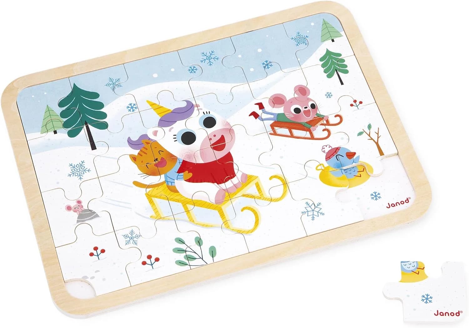 Janod – Puzzle en bois 24 pièces + jeu des 5 erreurs (Course de luge) dès 3 ans