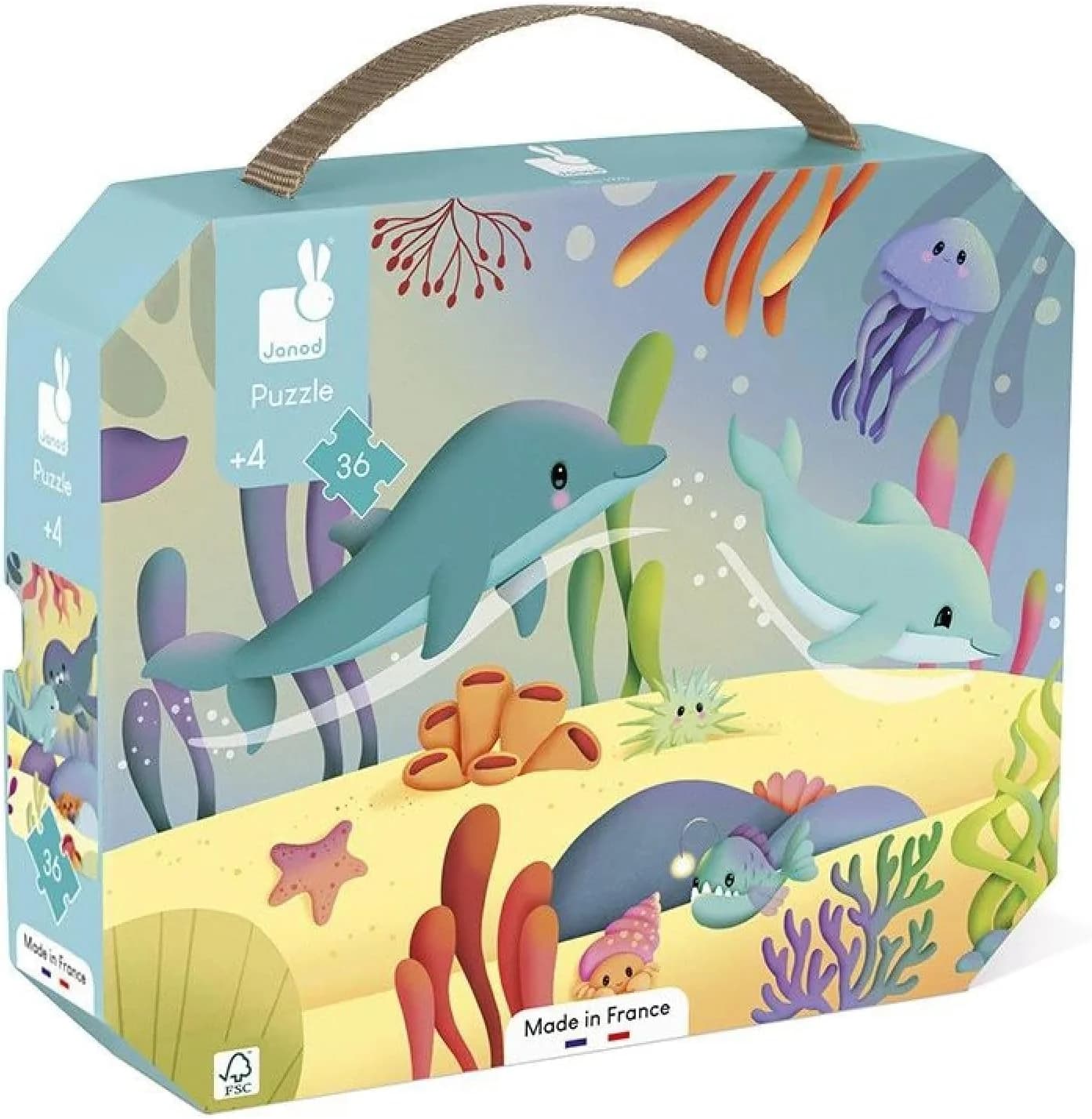 Janod Puzzle frise 36 pièces Animaux marins – valisette + poster