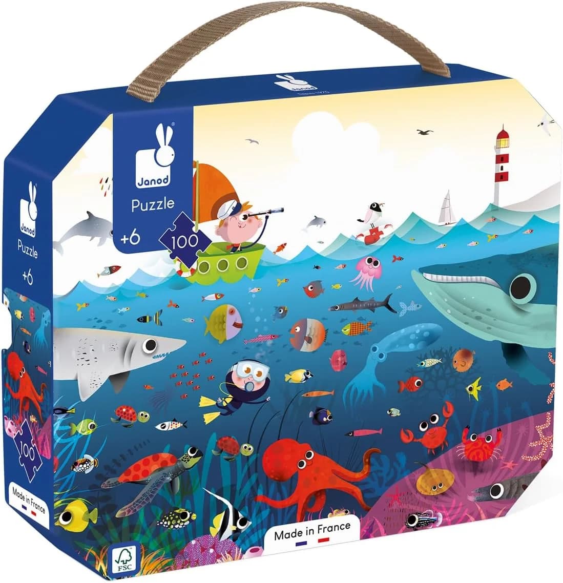 Janod Puzzle Monde sous-marin – 100 pièces en valisette (poster inclus)