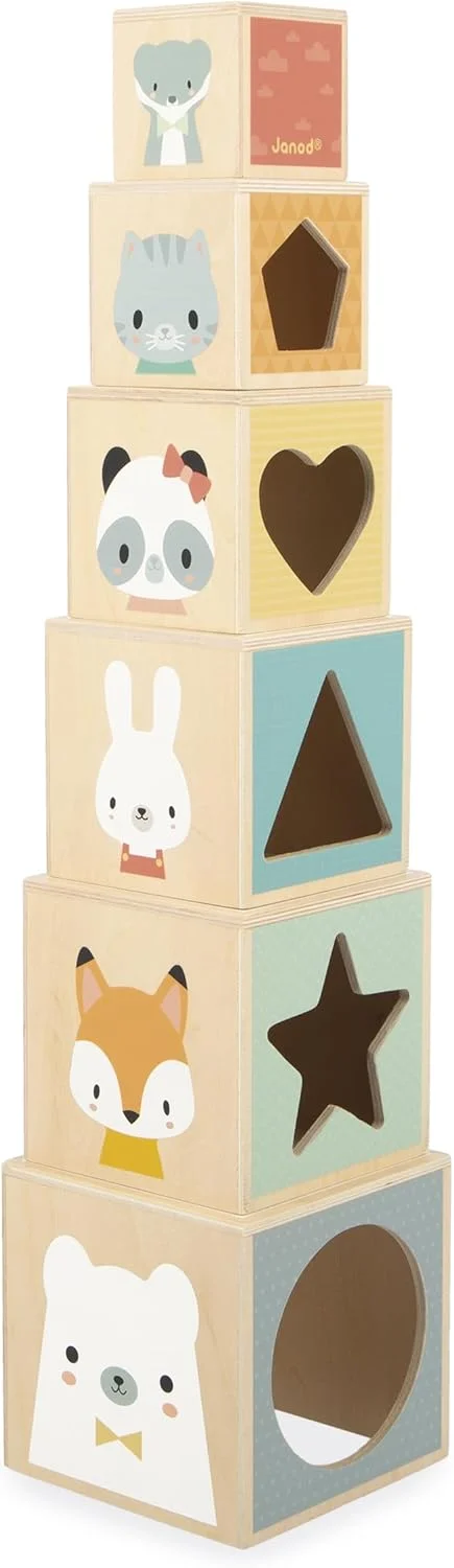 Janod - Pyramide de Cubes en Bois (6 cubes) - Empiler & Encastrer - dès 12 mois
