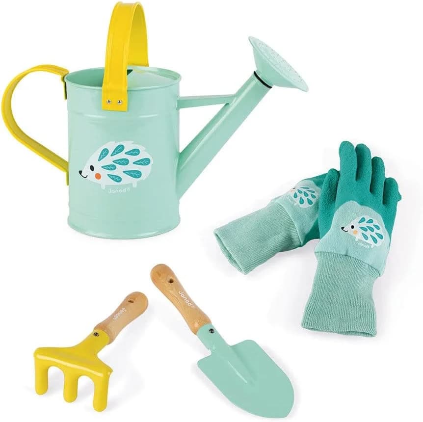 Janod Set complet de jardinage enfant (arrosoir, pelle, râteau, gants) dès 3 ans
