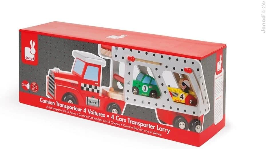 Janod Story - Camion transporteur en bois avec 4 voitures