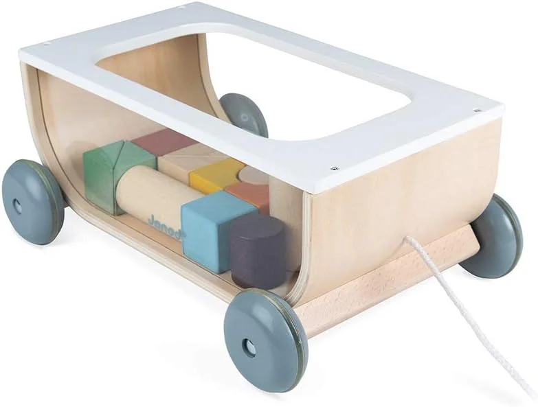 Janod Sweet Cocoon - Chariot à tirer avec 17 cubes en bois